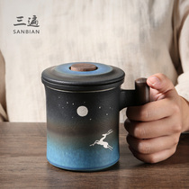 Star blue glaze ceramic mug with lid Filter tea cup Wooden handle Large capacity Chinese style office cup Simple water cup