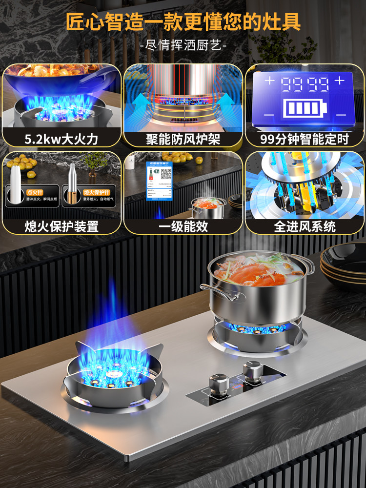 Hp Haotaitai Gas Stove Double Burner Household Natural Gas Stove Built-In Dual-Use Liquefied Gas High-Power Gas Stove