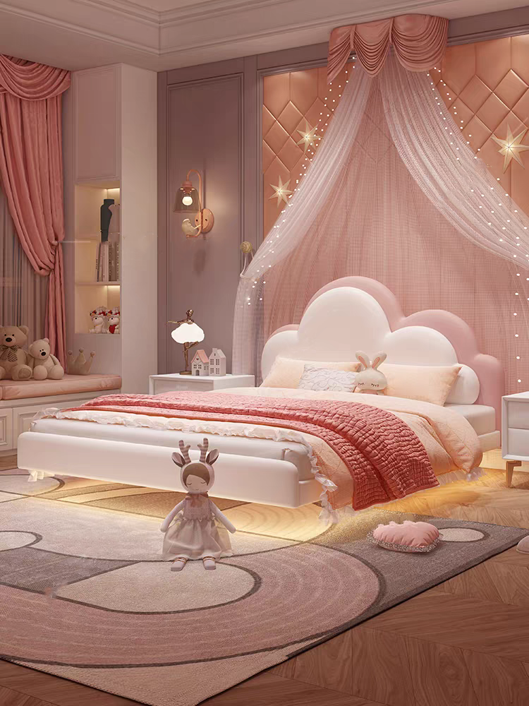 Pink Children's Bed Girl Princess Bed 1.35m Genuine Leather Floating Bed Internet Celebrity Dreamy Girl 1.5m Cloud Bed