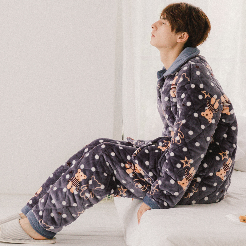 Ba lớp dày flannel đồ ngủ flannel đồ ngủ nam mùa đông đồ lót san hô lông cừu nhà dịch vụ thanh niên phù hợp với phim hoạt hình bông áo khoác đồ mặc nhà