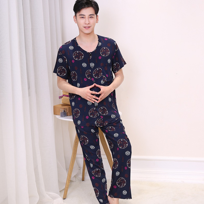 Mùa hè cotton đồ ngủ nam ngắn tay quần trung niên dịch vụ nhà cotton lụa đặt cha nhân tạo cotton kích thước lớn