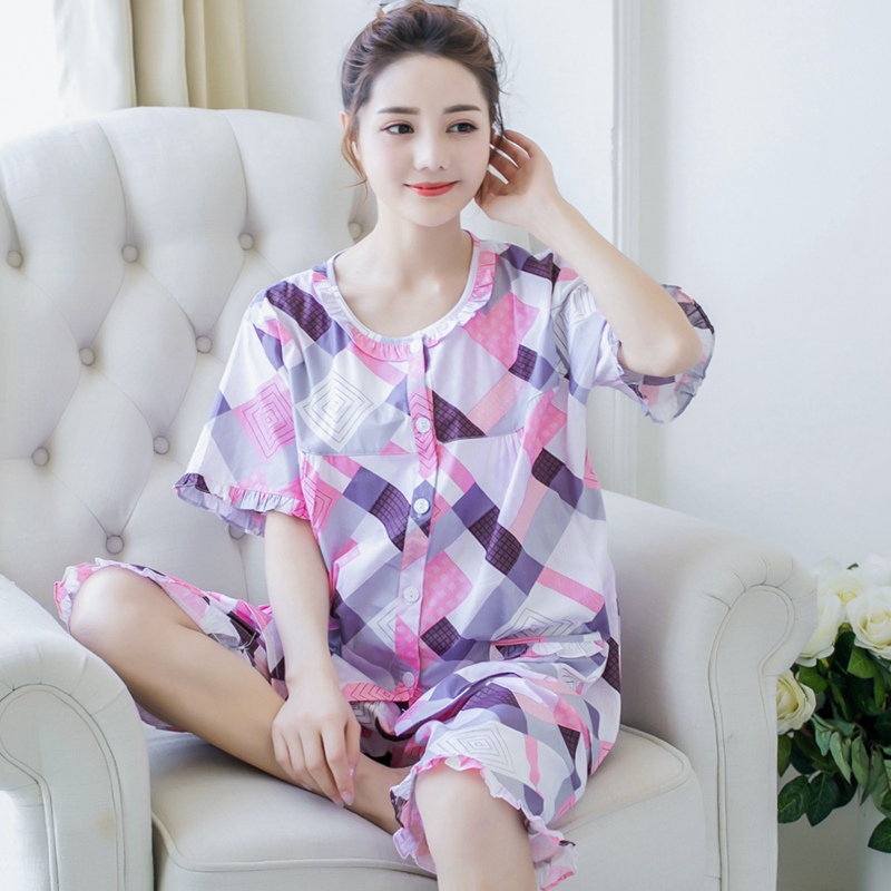 Bộ đồ ngủ bằng vải cotton dệt kim nữ mùa hè tay ngắn cotton hoạt hình mỏng đặt học sinh đồ bộ trung niên