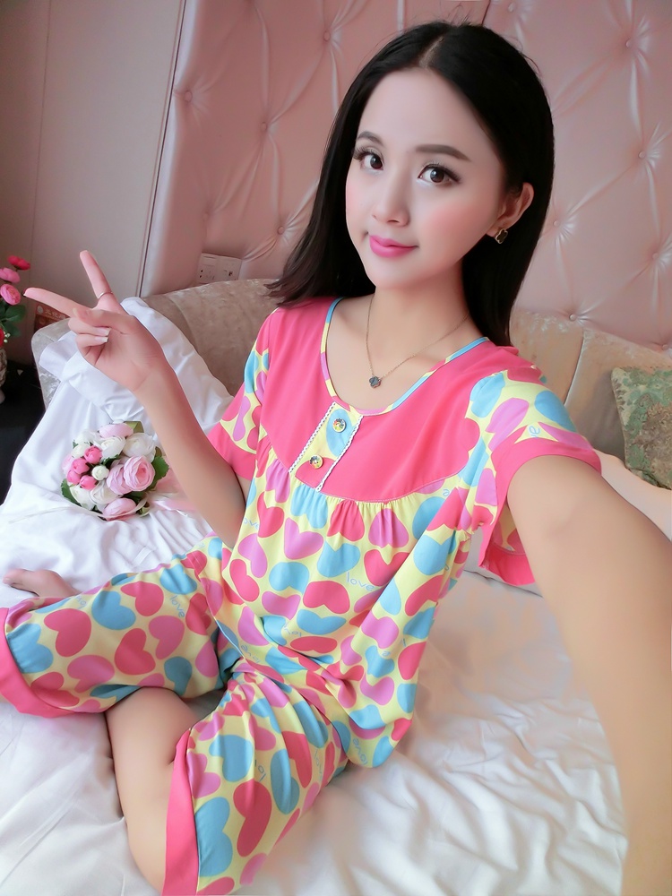 Bông lụa đồ ngủ của phụ nữ mùa hè ngắn tay quần short cotton lụa phù hợp với Hàn Quốc phiên bản của bông nhân tạo phần mỏng trung niên dịch vụ nhà XL