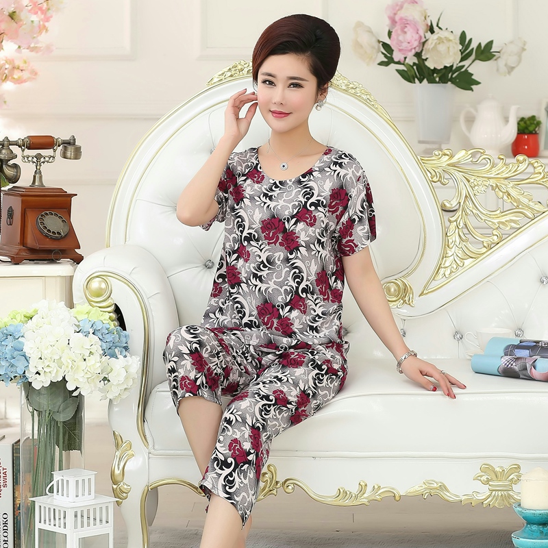 Bộ đồ ngủ bằng lụa cotton trung niên nữ mùa hè ngắn tay mẹ nhân tạo cotton phù hợp với chất liệu cotton nhà mỏng có thể mặc bên ngoài kích thước lớn bộ đẹp cho người cao tuổi