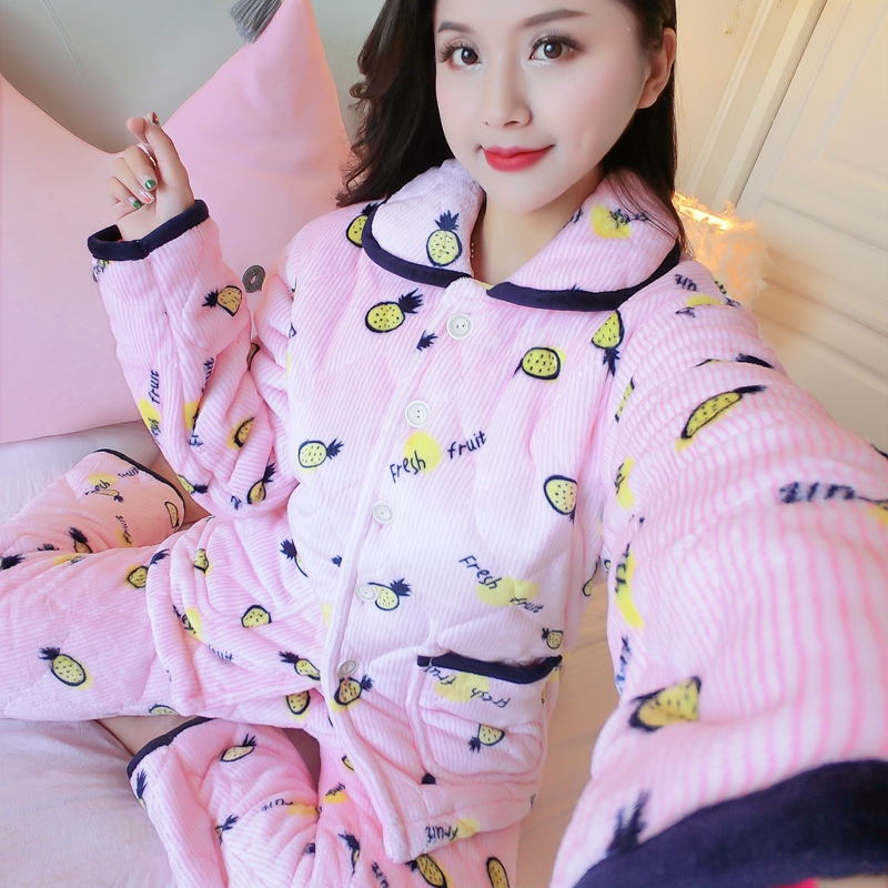 Mùa thu và mùa đông san hô lông cừu bộ đồ ngủ phụ nữ dài tay ba lớp dày flannel dịch vụ nhà phù hợp với áo khoác cotton dễ thương kích thước lớn đồ bộ mặc nhà bằng vải thun