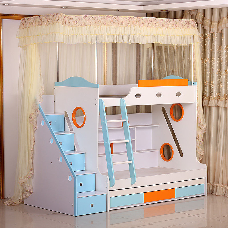Custom mosquito net upper and lower bunk children's solid wood with ladder cabinet side ladder mother bed high and low double combination bed custom sky blue