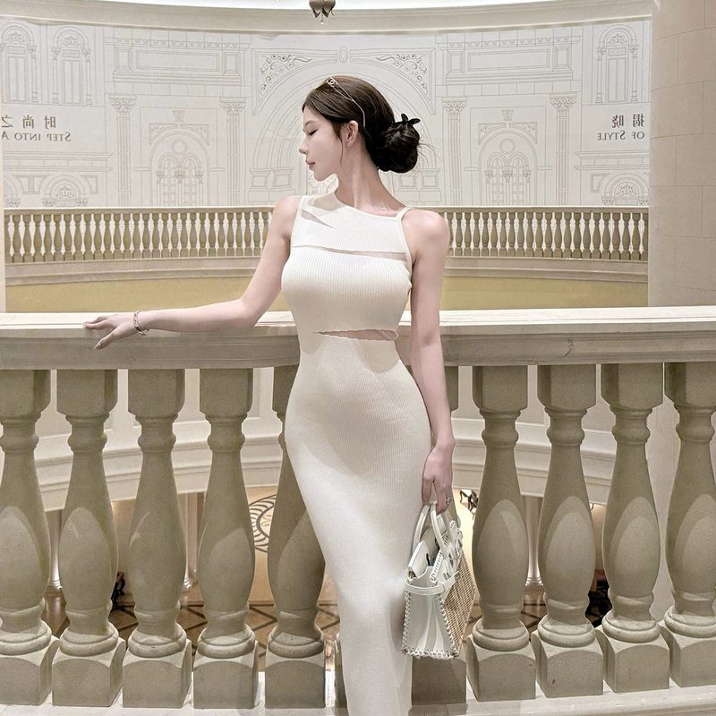 Elegant White S-Curve Asymmetrical Spaghetti Strap Sexy Slightly See-Through Slim-Fit Knit Dress Socialite Long Dress for Women