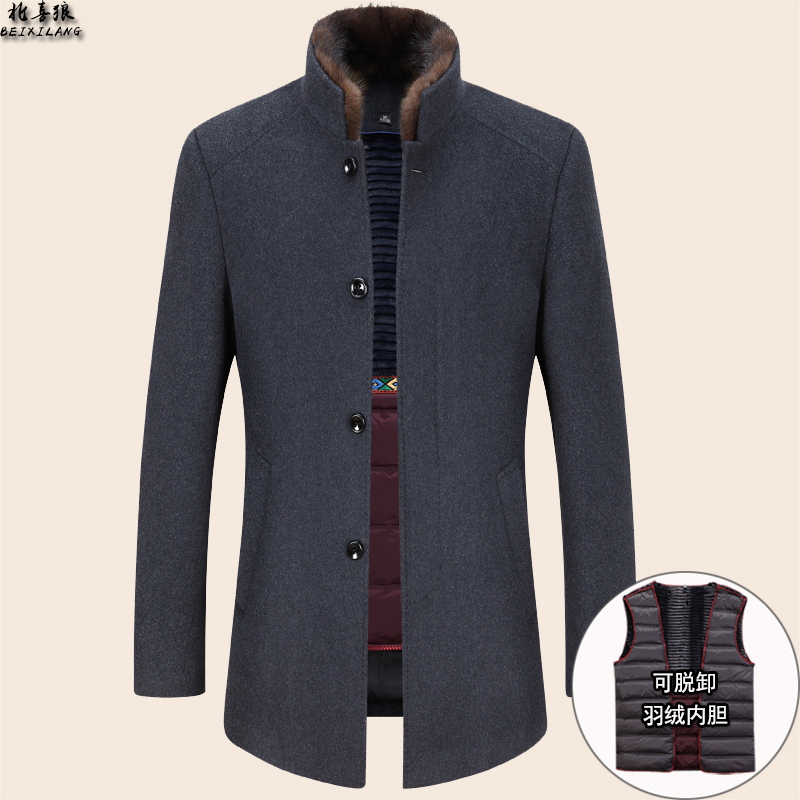 Elderly wool in autumn and winter in thick coat male thickening medium length version upright territorial waters mink wool collar down wind coat large size coat