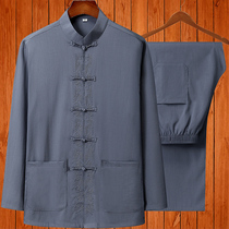 Chinese style spring and autumn linen cotton Tang suit mens suit embroidery Hanfu middle-aged and elderly long sleeve size Chinese father dress
