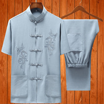 Summer New Chinese Style Mens Hanfu Middle-aged and Elderly Cotton Than Mens Short Sleeve Dad Set Grandpa Summer Dress