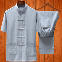 Chinese style middle-aged and elderly flax Tang men short sleeve cotton linen suit summer half sleeve size father summer dress