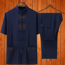 Middle-aged and elderly people Tang suit mens short sleeve suit summer Chinese style cotton and linen grandfather size