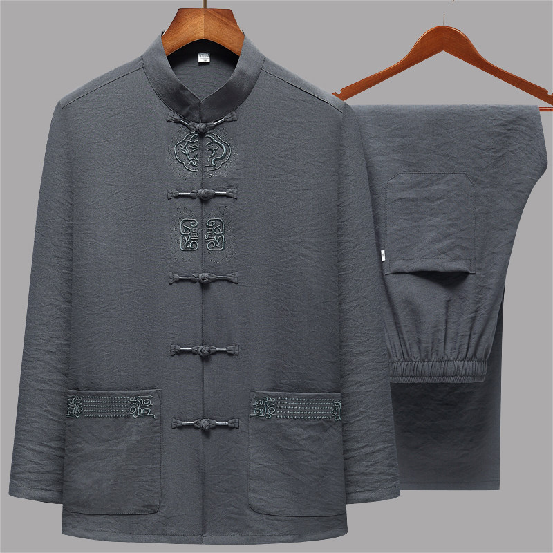 Middle-aged and elderly cotton and linen Tang suit long-sleeved men's suit spring and autumn grandpa Chinese style linen buckle loose large size dad's suit