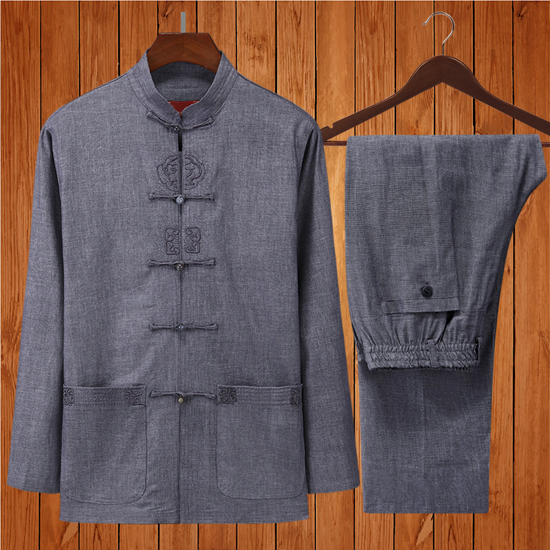 Spring and Autumn Chinese style men's linen middle-aged and elderly Tang suit men's long-sleeved suit cotton and linen grandpa clothes Hanfu dad clothes
