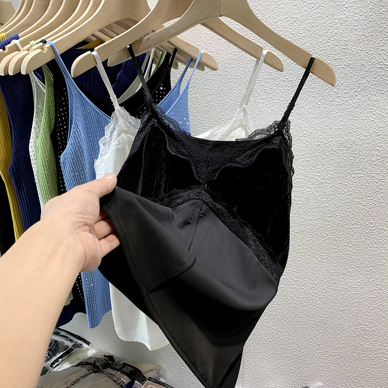 Black velvet camisole women's summer outer wear V-neck sexy all-match lace stitching inner bottoming sleeveless top