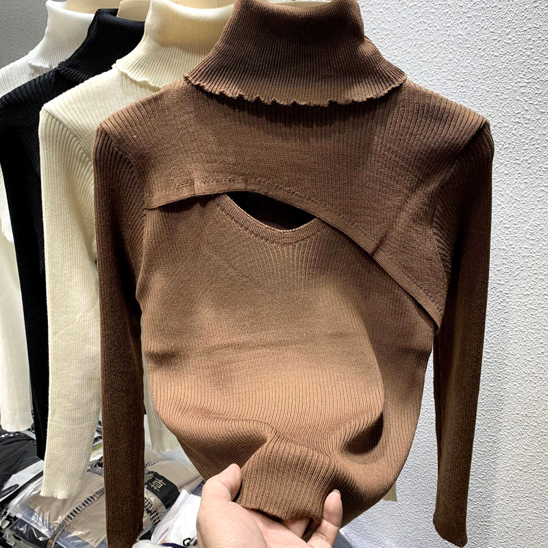Knitted shirt female spring design hollow in autumn and winter with gas repair and half-tall collar sweater tide