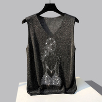 Knitted vest women wear 2021 summer clothes new ins heavy industry hot drill bright silk V-neck sleeveless T-shirt jacket