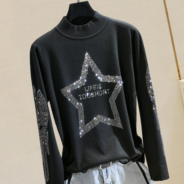 Hot diamond five-pointed star sweater semi-high collar women's bottoming shirt top 2021 autumn and winter new European loose sweater tide