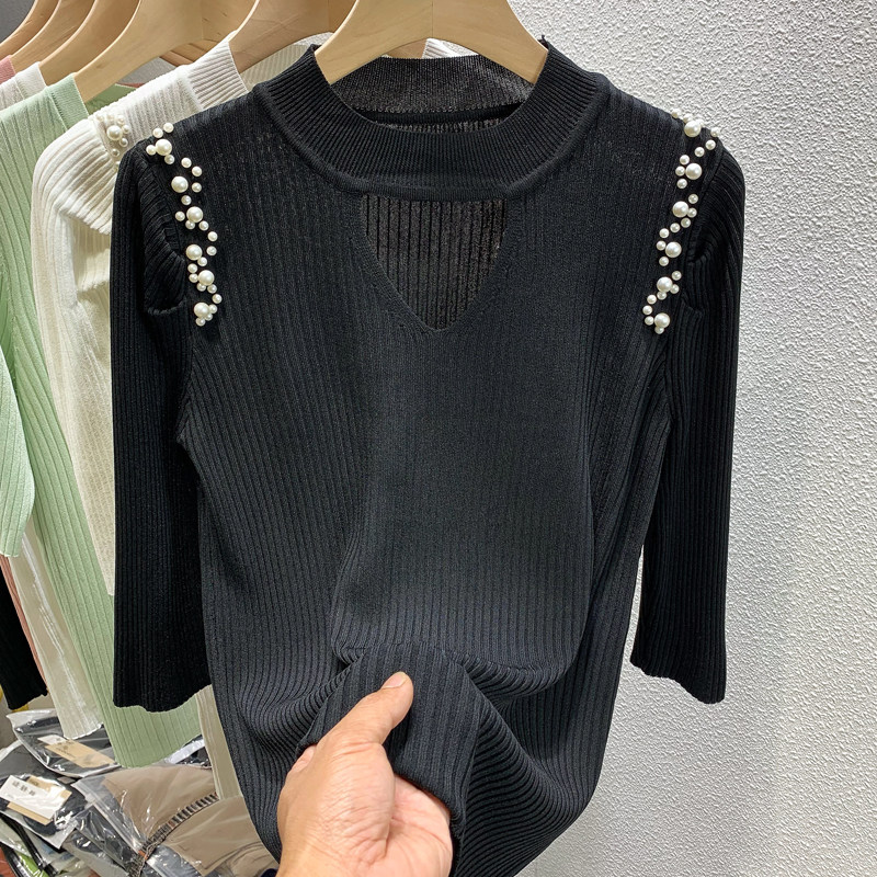 2022 summer new five-point sleeve bottoming T-shirt women's puff sleeves beaded hollow design sense careful machine knitted top