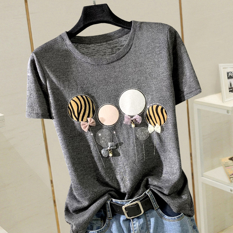 2022 Summer New Yansen Age Cubic Butterfly - bow Short Sleeve T - shirt woman loose and slim - collar coat