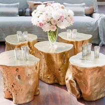 Solid Wood low stool Nordic light luxury wind round wood stump sofa table root carving low stool copper Art solid wood pier coffee table