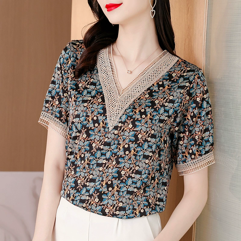 Mới mùa hè lỏng lẻo giả lụa hoa áo thun lồng đèn tay áo ren v-cổ tính khí áo sơ mi voan của phụ nữ - Áo sơ mi chiffon ren