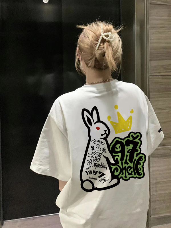 # Fr2 1997 Rabbit Slogan Print Unisex Couple Japanese Style Summer Loose Pure Cotton Short-Sleeve T-Shirt ins