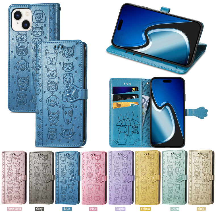 Pink Leather Embossed Cat Dog Paw Print Wallet iPhone Case