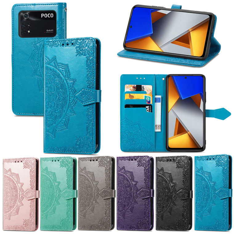 POCO M4 Pro Wallets Folio Flip Embossed Mandala Flower Magnetic Synthetic Leather Card Holder Folding Stand Phone Case