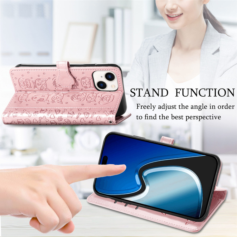 Pink Leather Embossed Cat Dog Paw Print Wallet iPhone Case