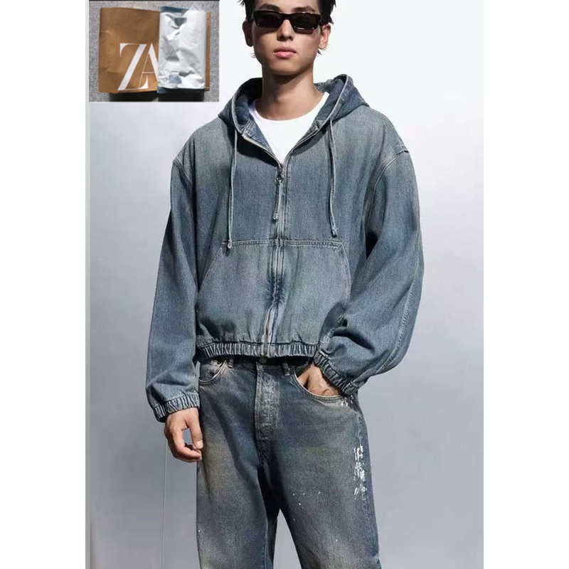 Za25 Autumn New Men's Washed Cotton Canvas Denim Hooded Zipper Jacket 4365371