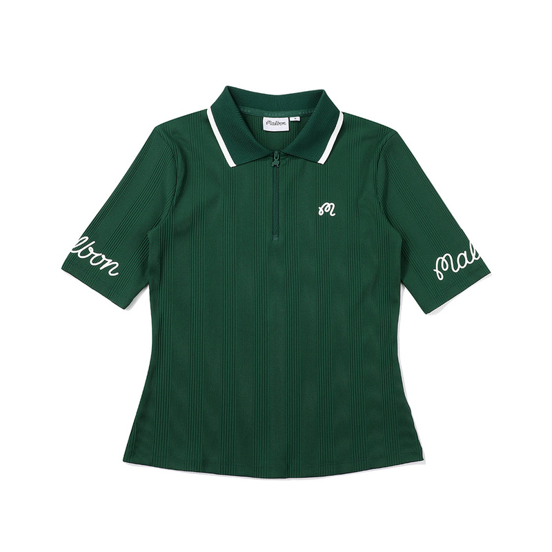 Malbon Golf Style Women's Green Lapel Short-Sleeved Polo Shirt Summer Knitted Contrast Cuff T-Shirt