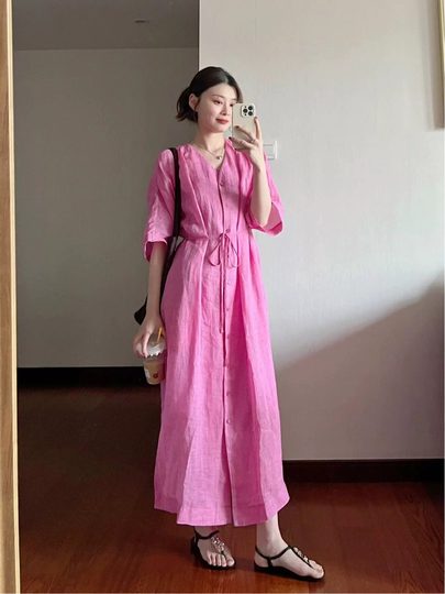 Marque retirée vêtements pour femmes comptoir coton et lin chemise rayée cardigan ramie robe été français col en v jupe longue