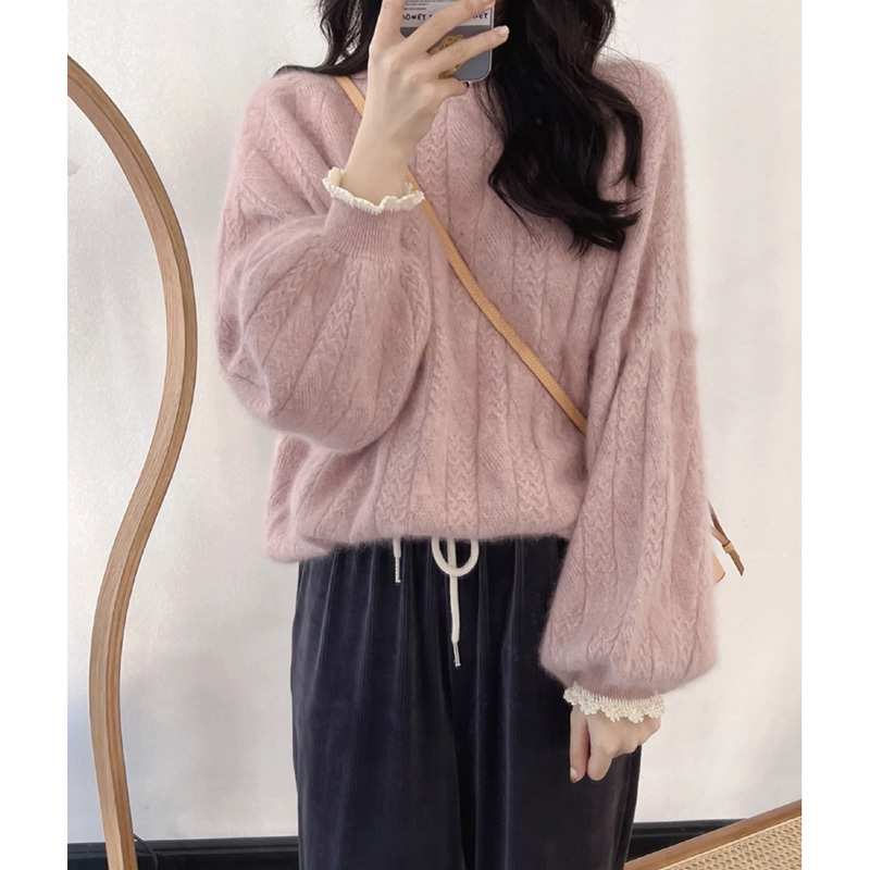 Sweet Pink Raccoon Fur Sweater for Women, New Autumn and Winter Design, Niche Style, Lazy Knit, Puff Sleeve, Unique Top