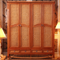 Four-door wardrobe solid wood rattan art wardrobe flat door wardrobe rattan wardrobe