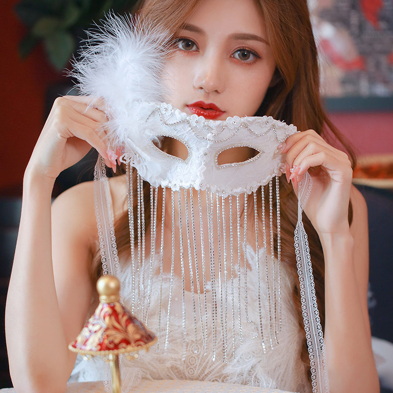 White Lace Feather Mask Water Drill Flow Su Goddess Fake Side Party Chemical Dress Prom Props Princess Bridal Accessories