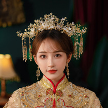 Chinese bride headdress phoenix crown Xiayu atmosphere Golden front and back crown exquisite ancient hair accessories wedding beauty clothing accessories