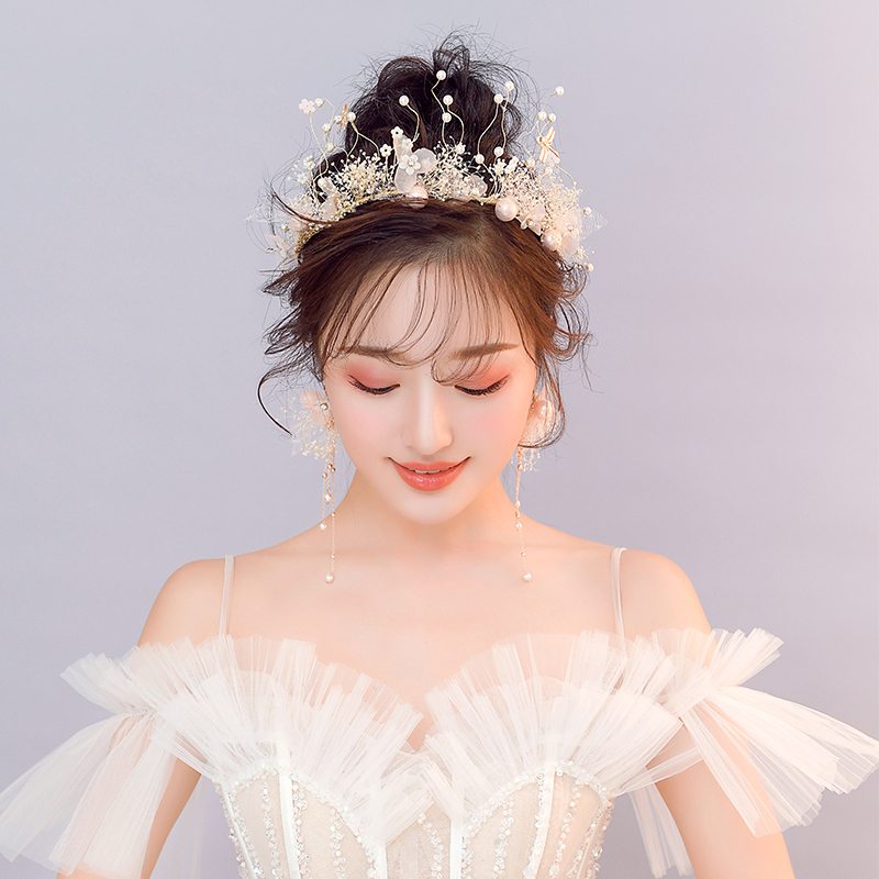 Mengyao bride white gauze starry flowers nude Crown women beautiful Super fairy wedding photo accessories