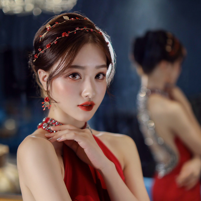 Mengyao bride red simple rose hair with golden leaves practical hair accessories wedding accessories toast hair accessories