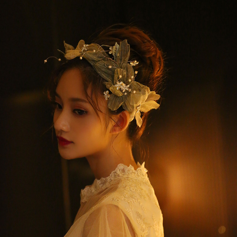 Bride headdress Elf flower fairy Retro silk yarn beautiful hair band Super Fairy Sen department dark green handmade head flower hair band