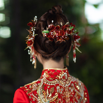  Chinese bridal headdress red floral liquid handmade ancient style ancient costume Hanfu wedding photo hair accessories Xiuhe clothing products