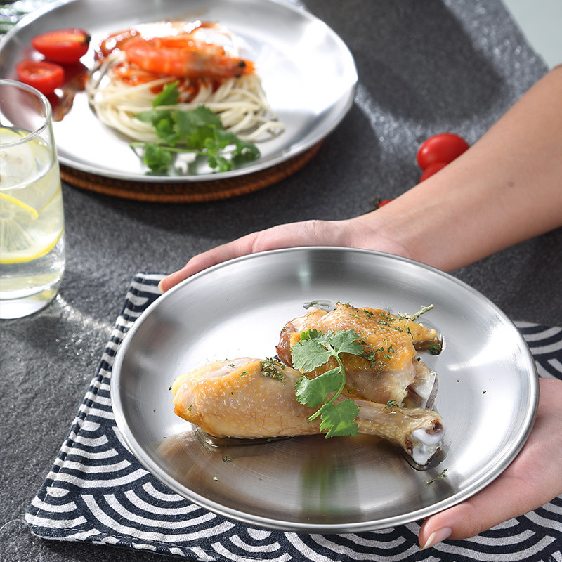 Korean barbecue plate thickened golden cake plate bone plate shallow plate stainless steel round tray cafe fruit plate