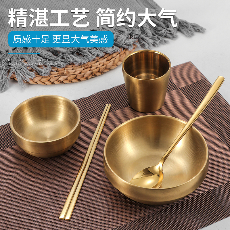 304 Stainless Steel Gold Korean Chopsticks for Home Use, Square Non-Slip Korean Barbecue Restaurant Tableware Set, Chopsticks and Spoon