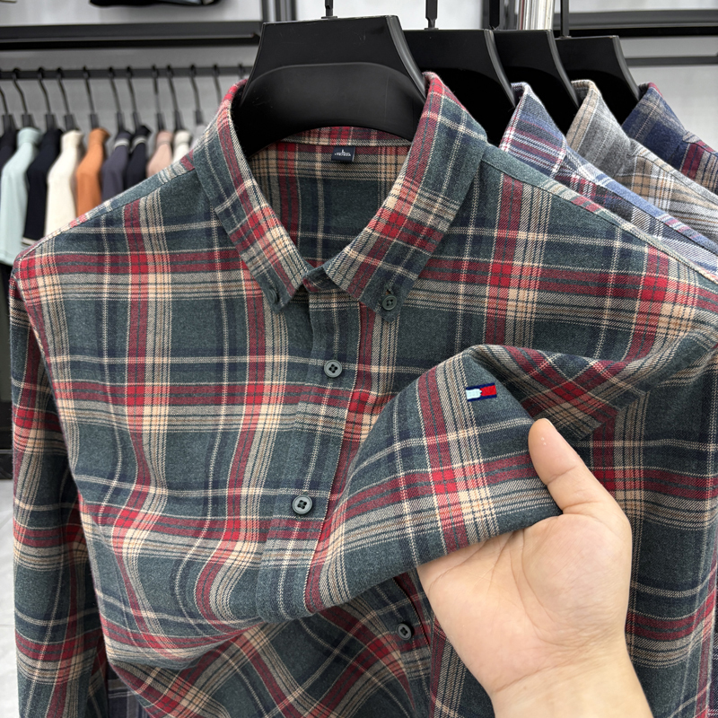 Tommy Xikaili Men's Long-Sleeved Shirt Pure Cotton Youth Casual European and American Style Plaid Shirt Versatile Spring and Autumn Top