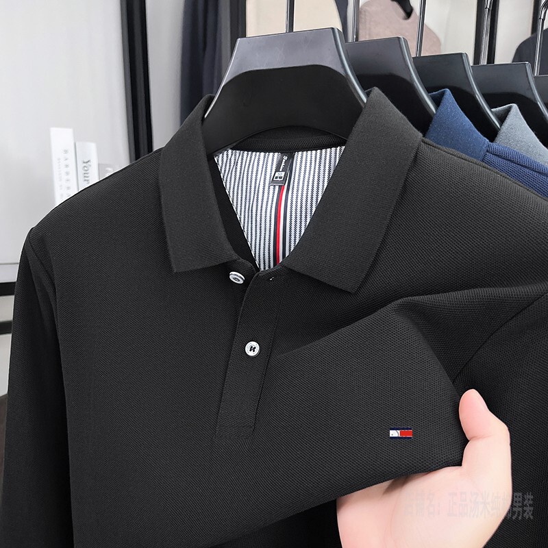 Authentic Tommy Pure Cotton Polo Shirt for Men, Long-Sleeved T-Shirt, Solid Color Top, Lapel Base Shirt for Young and Middle-Aged People