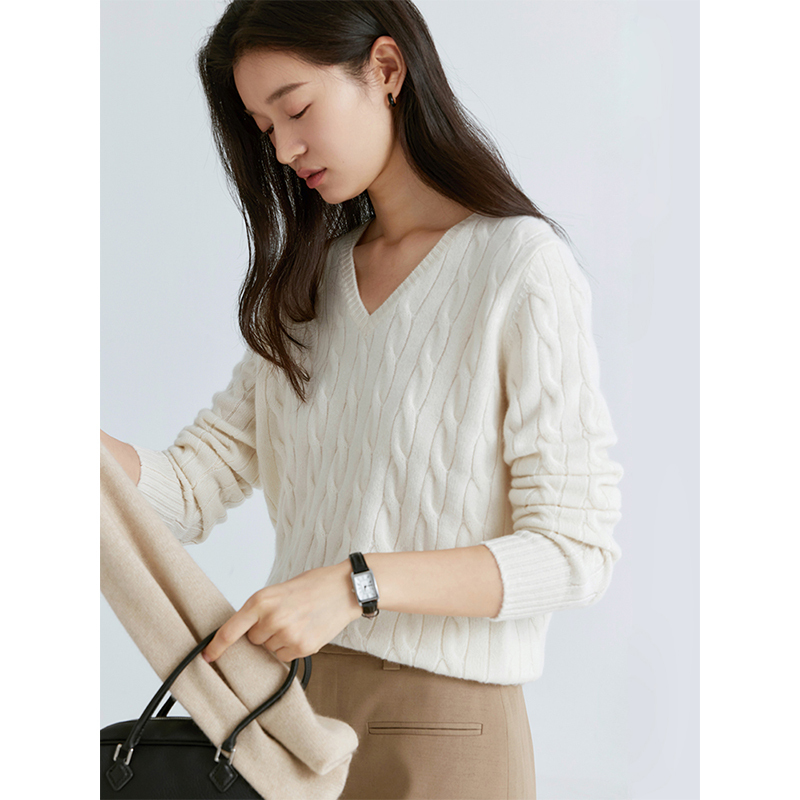 Old Money Style Classic _7-Needle Double-Thread Consinee Aurora Pure Cashmere V-Neck Cable Knit Sweater
