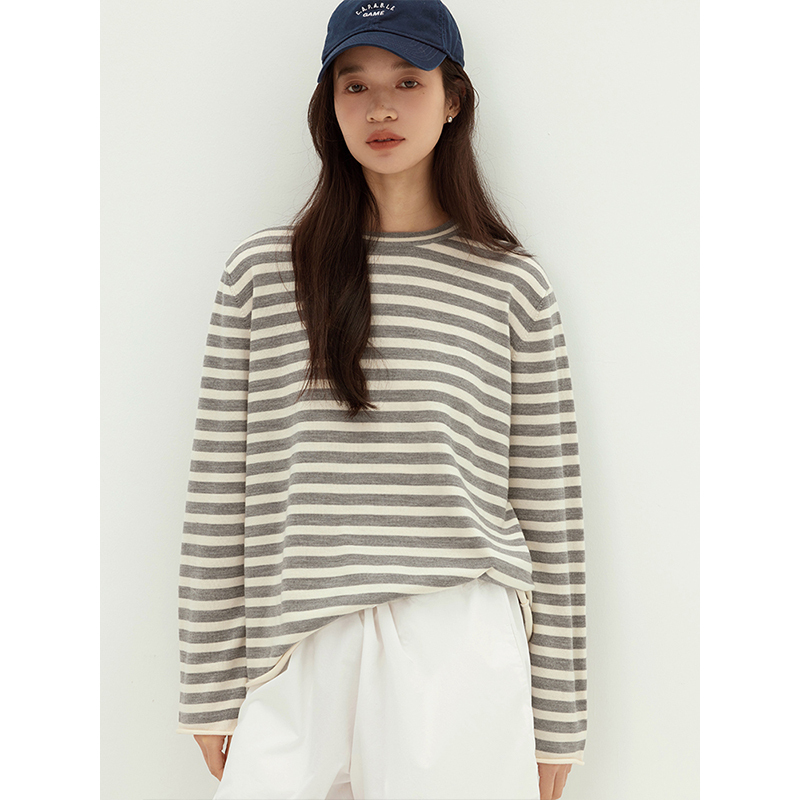 Zhihua/Cozyfit Style Relaxed Feel Double-Line Thickened Striped Rolled-Edge Round-Neck Oversized Knit Sweater for Women Zhihua/Cozyfit Style Relaxed Feel Double-Line Thickened Striped Rolled-Edge Round-Neck Oversized Knit Sweater for Women