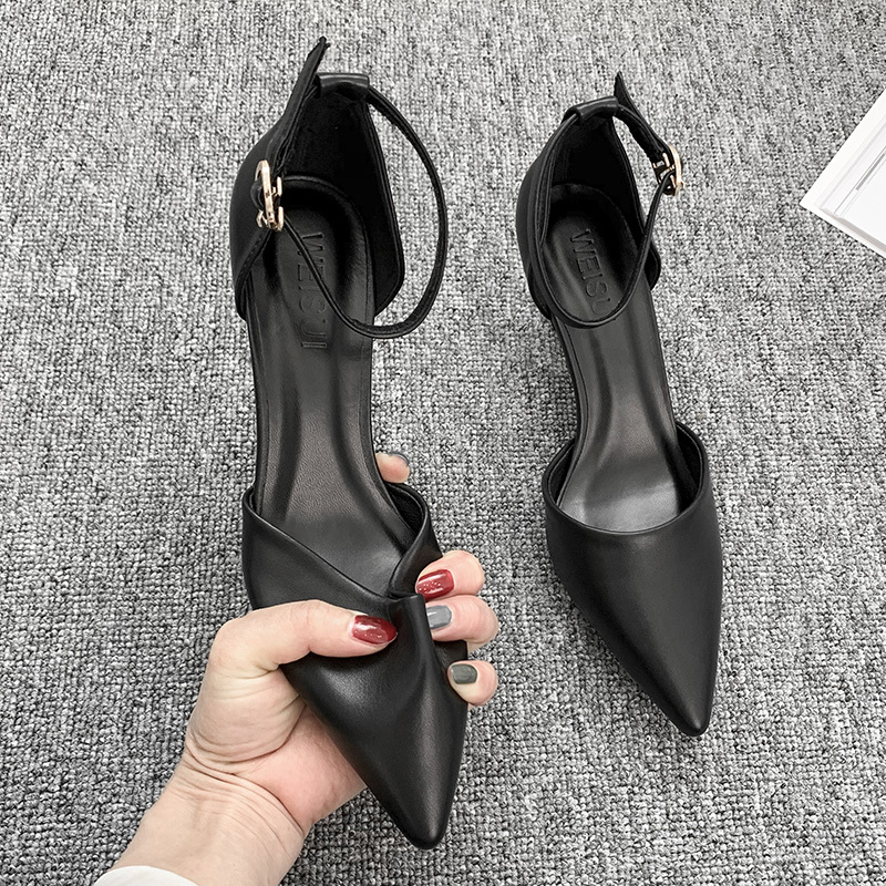 Black High-Heeled Shoes, Soft Leather, Non-Abrasive, Stiletto Heel, Versatile, Single Strap, Kitten Heel, Shallow Mouth, Professional Pointed-Toe Single Shoes for Women