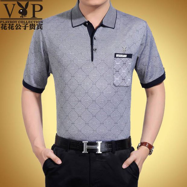 Mùa hè trung niên nam ngắn tay áo thun nam trung niên cotton mỏng phần ve áo lỏng lẻo sọc bố áo thun unisex