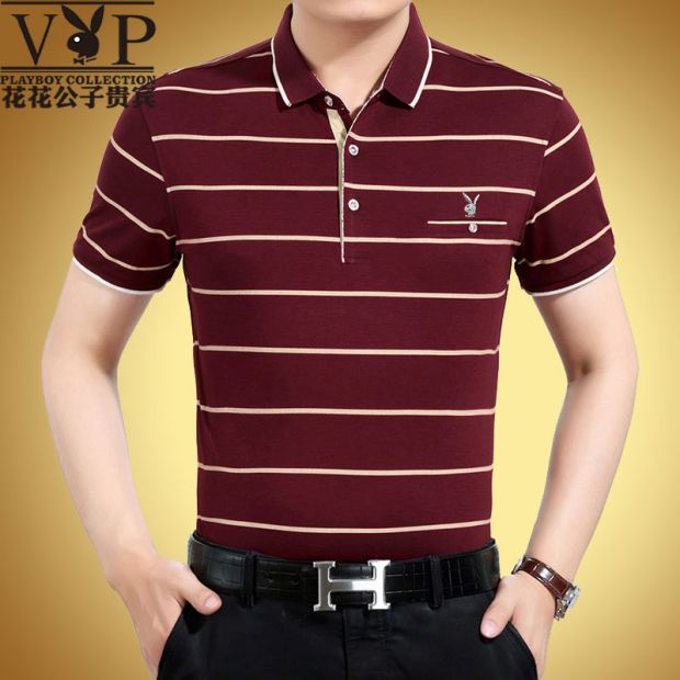 Mùa hè trung niên nam ngắn tay áo thun nam trung niên cotton mỏng phần ve áo lỏng lẻo sọc bố áo thun unisex